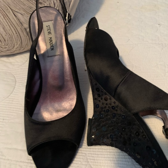 Black satin wedges with sequin details on heal. - Picture 2 of 4